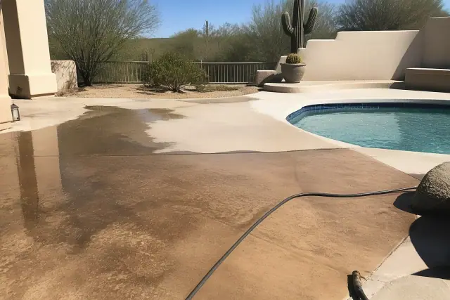 Pressure washing a pool deck with desert landscaping in the background in Phoenix, AZ.