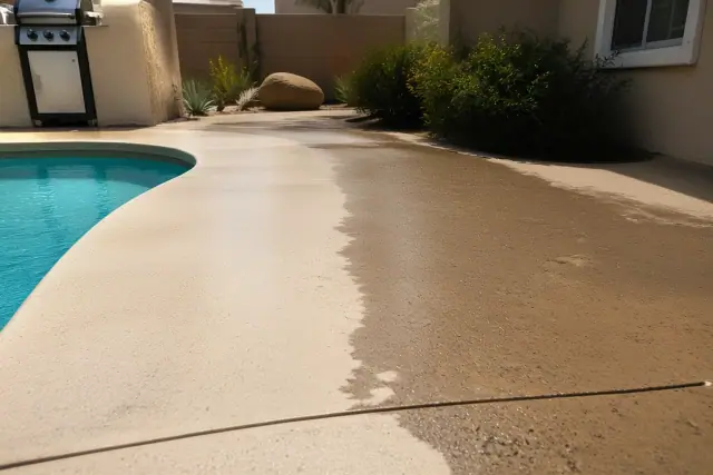 A clean pool deck next to a stained area in a backyard in Gilbert, AZ.