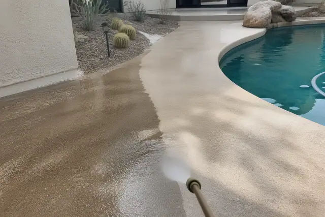 Pressure washer cleaning a concrete pool deck in Scottsdale, AZ, showing the difference between stained and clean surfaces.