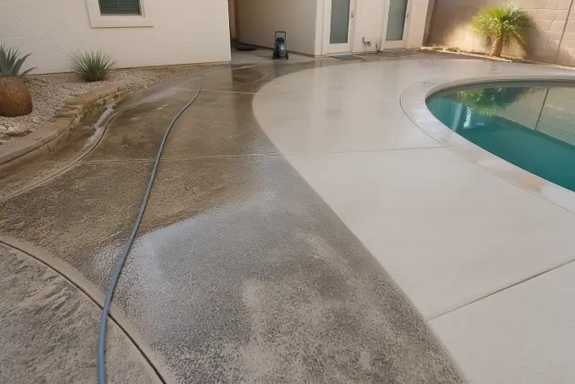 Contractor photo of a concrete pool deck being pressure washed in Mesa, AZ, showing cleaned and stained surface areas.