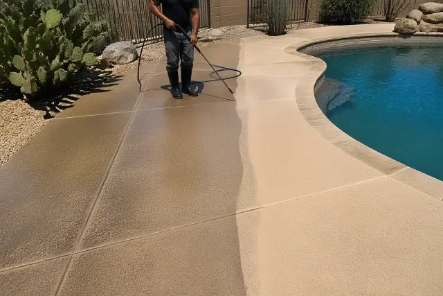 Technician pressure washing a concrete pool deck with visible cleaned and stained sections in Peoria, AZ.