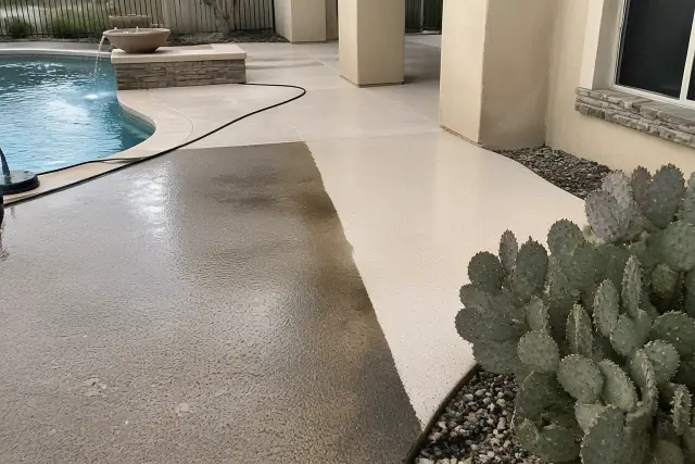 Pressure washed pool deck with clean-line contrast next to a cactus and stucco house in Glendale, AZ.