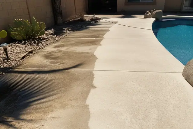 Concrete pool deck showing a clean, rinsed section next to stained concrete in a Chandler, AZ backyard with cactus.