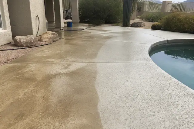 A pool deck in Phoenix, AZ showing the difference between stained concrete and a clean, sealed finish near desert