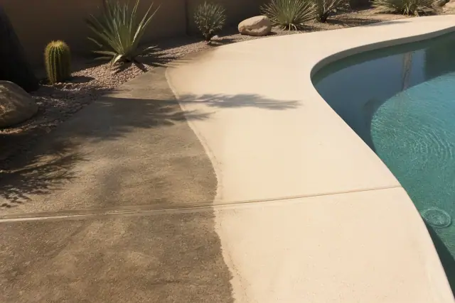 A concrete pool deck in Phoenix, AZ, showing the difference between stained and pressure-washed surfaces.