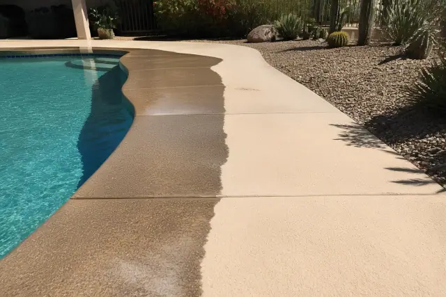 A concrete pool deck in Phoenix, AZ, showing the difference between stained porous concrete and a clean, finished surface.