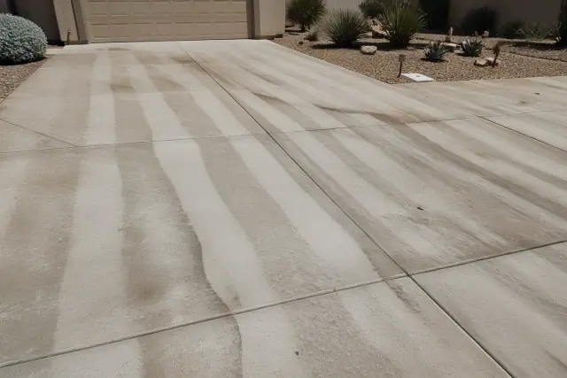 Concrete driveway in Phoenix, AZ showing surface etching and cream-layer loss from pressure washing.