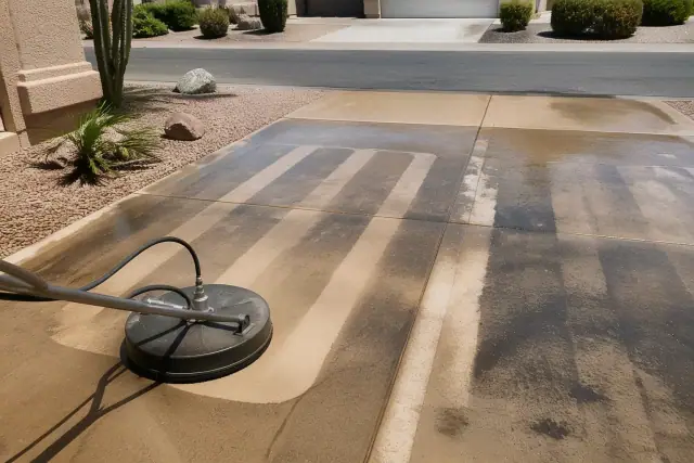 A residential concrete driveway in Phoenix, AZ, showing clean stripes from pressure washing contrasting with oil stains.