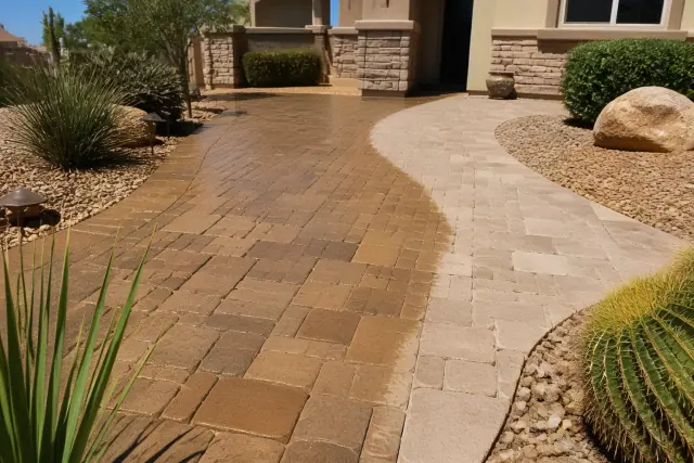 Stone paver walkway in Phoenix, AZ, showing a half-applied transparent sealant on interlocking tiles.