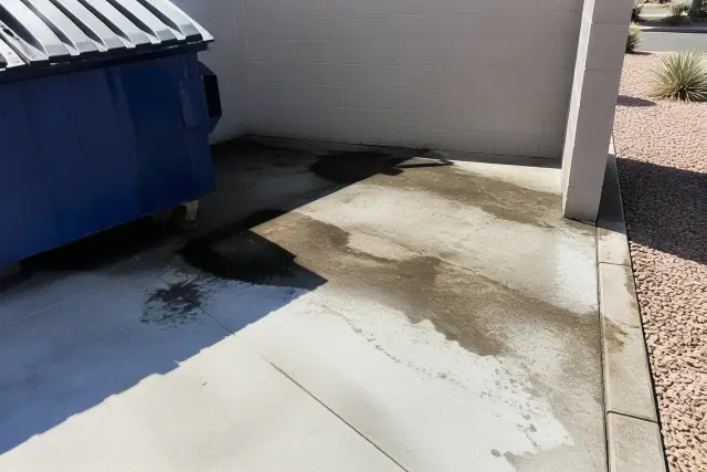 Concrete parking lot dumpster area being cleaned of grease and grime in the bright midday sun of Phoenix, AZ.