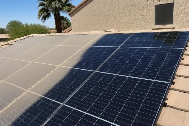 Solar panels in Phoenix, AZ, showing a clean, reflective section next to dusty panels on a residential roof.