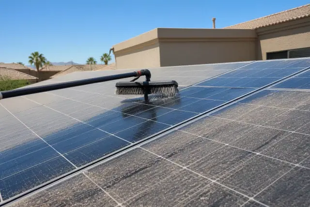 A technician cleaning solar panels on a residential roof in Phoenix, AZ with a soft-bristle brush and water spray.