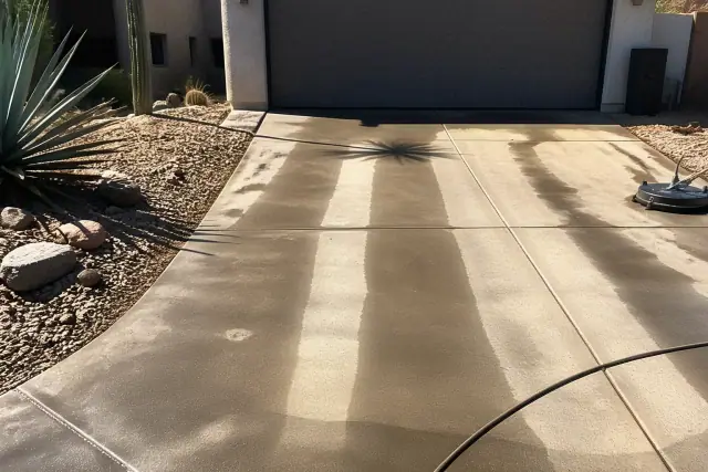Concrete driveway in Phoenix, AZ, showing clean stripes from pressure washing next to desert landscaping.