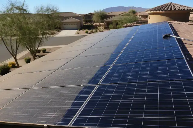 A contractor's photo of a partially cleaned solar panel array on a residential roof in Phoenix, AZ.