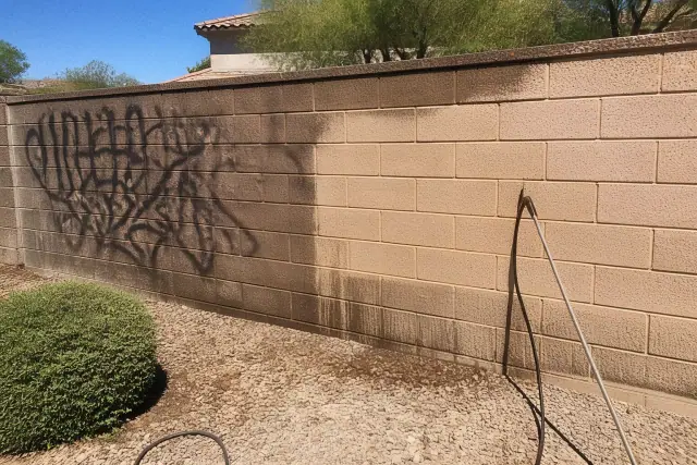 A contractor cleaning graffiti from a masonry wall in a Phoenix, AZ residential yard.