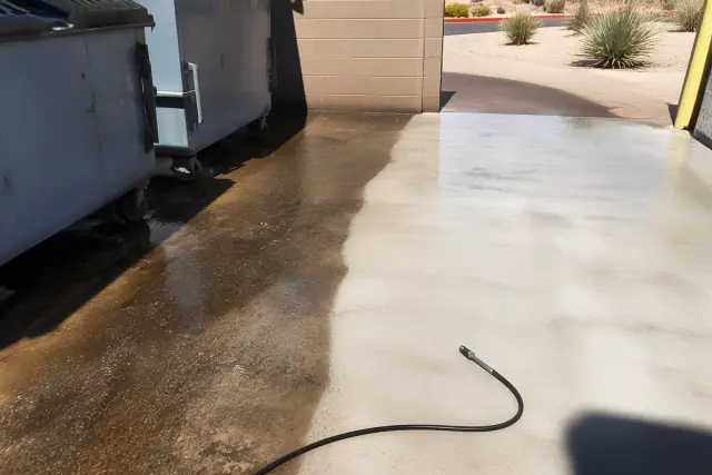 Pressure washing removing grease from a concrete dumpster pad at a drive-thru in Phoenix, AZ.