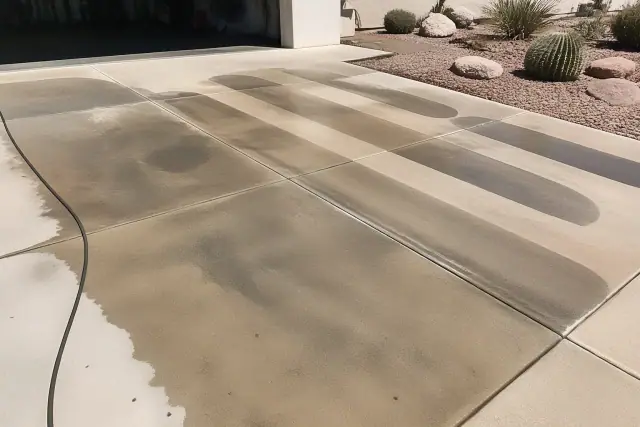 Clean stripes on a residential concrete driveway showing oil stain removal in Phoenix, AZ.