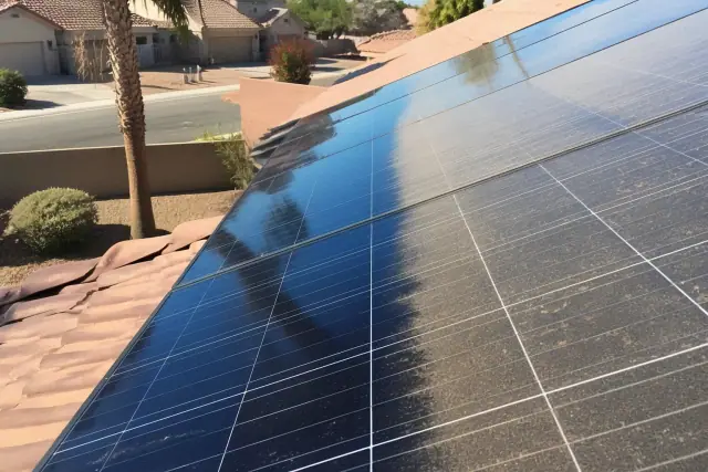 Solar panel cleaning in progress on a residential roof in Phoenix, AZ, showing clean and dusty sections.