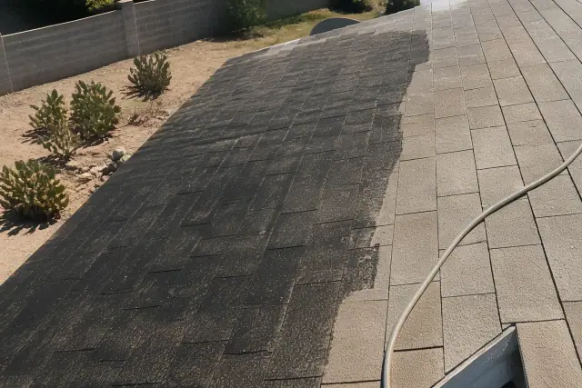 Asphalt shingles on a sloped roof showing cleaned sections next to black algae streaks in Glendale, AZ.