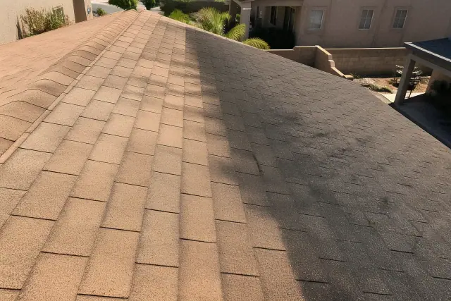A sloped asphalt shingle roof in Gilbert, AZ showing the difference between cleaned sections and black algae streaks.