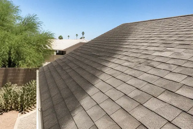 Asphalt roof with black algae streaks next to a cleaned section in Tempe, AZ with prickly pear cactus in the yard.