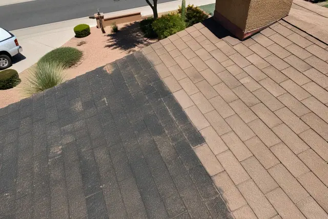 Asphalt roof in Chandler, AZ showing the contrast between black algae streaks and cleaned shingles.