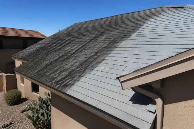 A crew member cleans algae off an asphalt shingle roof on a house in Goodyear, AZ.