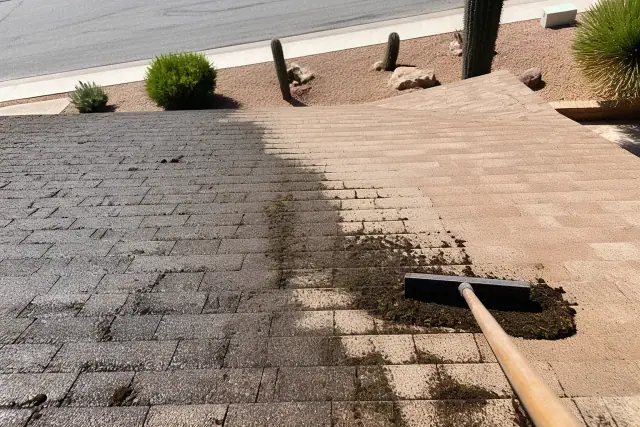 A technician removing moss from a shingled roof in Phoenix, AZ, showing clean shingles next to black algae streaks.