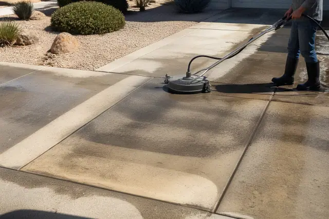 Rotary surface cleaner leaving clean stripes on a concrete driveway in Phoenix, AZ.