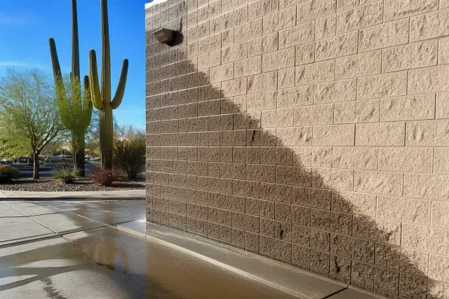 Cleaned masonry contrasted with weathered brick on a commercial building in Phoenix, AZ.