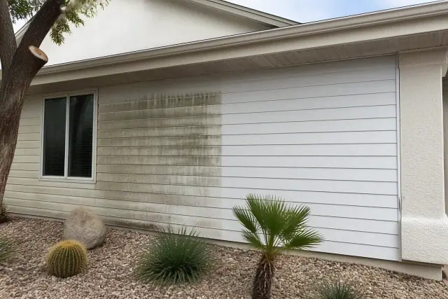 Comparison of dirty and clean residential siding during a soft wash project in Phoenix, AZ.