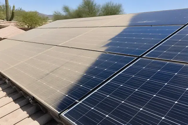 A solar panel on a Phoenix, AZ roof showing a clear divide between dusty and clean sections under bright sunlight.