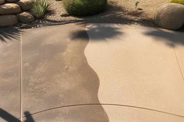 Contractor photo showing stained concrete next to a slip-resistant pool deck coating in Phoenix, AZ.