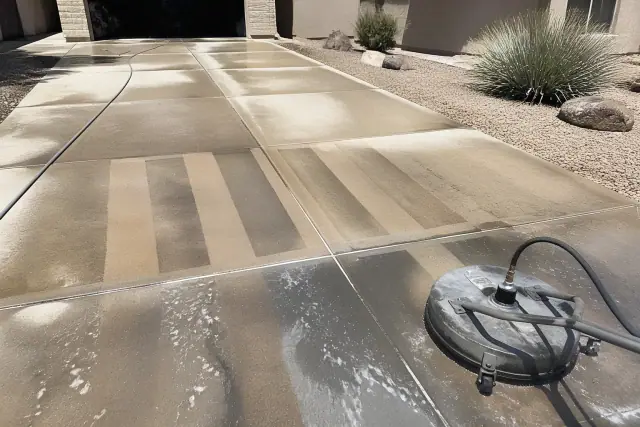 A smartphone photo of a driveway in Phoenix, AZ showing a contrast between soft washed and pressure washed concrete.