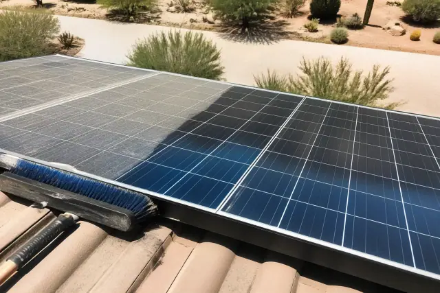 A solar panel in Scottsdale, AZ with a clean, streak-free section next to a dusty area and a soft-bristle cleaning brush.