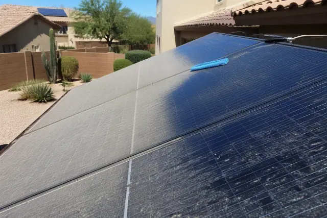 Cleaning a residential solar panel array with water and a microfiber cloth in Peoria, AZ.