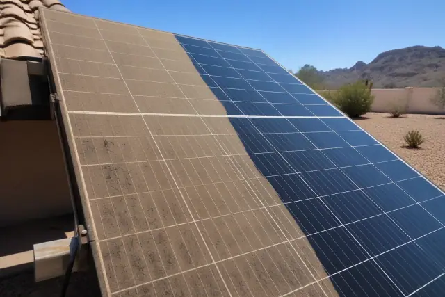 A solar panel half-cleaned of dust at a residential array in Phoenix, AZ, under bright desert sunlight.