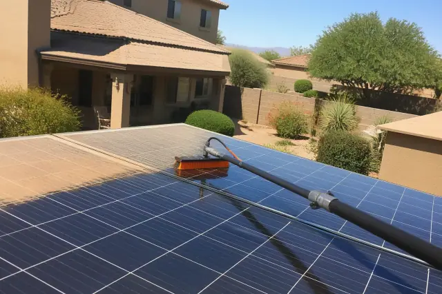 Contractor using a water-fed pole to clean dusty solar panels on a home in Chandler, AZ.