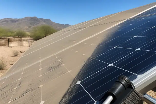 Solar panel cleaning in progress showing a clean streak on a dusty solar module in Goodyear, AZ.