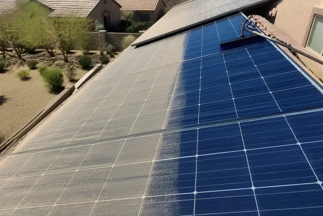 Solar panel being cleaned to remove desert dust at a home in Surprise, AZ.