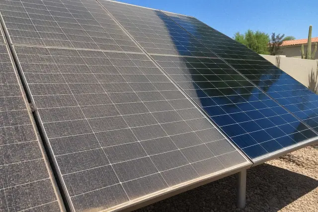 A tilted solar panel in Glendale, AZ showing a clean glass surface next to a layer of dust above desert gravel.