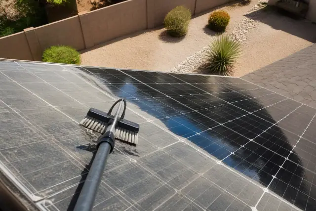 Technician cleaning dust from solar panels on a residential rooftop in Mesa, AZ.