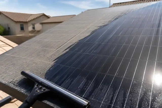 A squeegee cleaning a dirty solar panel at a home in Gilbert, AZ, showing the difference between grime and clean glass.