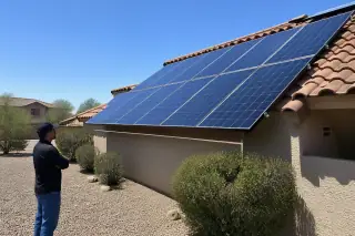 Technician observing clean, reflective solar panels on a residential roof in Phoenix, AZ.