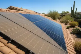 Cleaned solar panels on a residential roof with a visible divide between dust and clear glass in Phoenix, AZ.