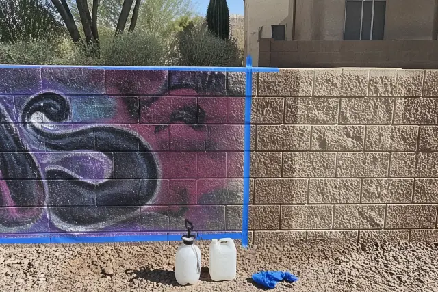 A brick wall in Phoenix, AZ showing a section of graffiti being removed with cleaning solvents and masking tape.