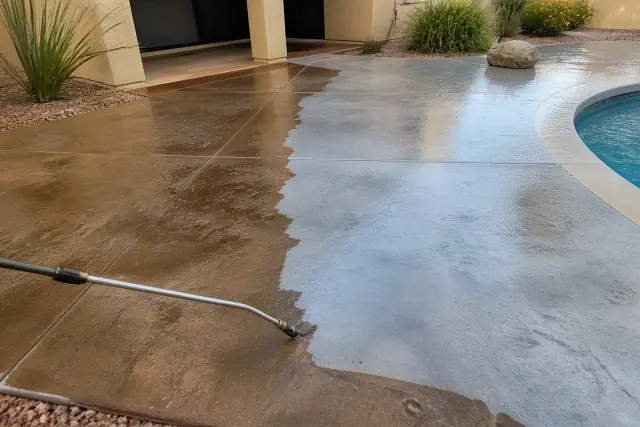 Stamped and colored concrete pool deck cleaning in progress in Phoenix, AZ, showing stained and rinsed surfaces.