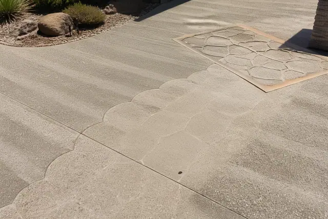 Close-up of stamped and exposed aggregate concrete on a residential driveway in Phoenix, AZ.