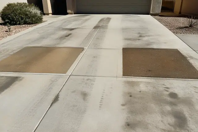 Contrast between standard and color-enhancing concrete sealer on a residential driveway in Phoenix, AZ.