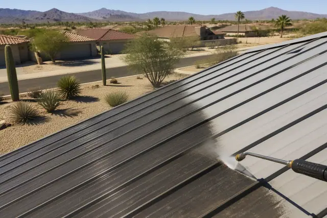 Standing seam metal roof being pressure washed in Phoenix, AZ, showing clean streaks on dusty panels.
